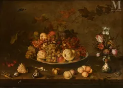 Balthasar van der AST (Middelbourg, 1593 - Delft, 1657)-Corbeille de fruits, vase de fleurs et coquillages sur un entablement-img1
