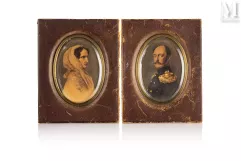 Paire de portraits-du tsar Nicolas Ier de Russie (1796-1855) et de la tsarine Alexandra Feodorovna (1789-1860), en buste, se faisant face.-img1