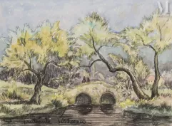 Paul Emile PISSARRO (Eragny 1884-Clecy 1972)-Le pont sur la rivière-img1