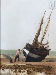 Attribué  à Jules-Achille NOEL (1810/15-1881)-Voilier sur la plage-img1