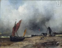 Ecole FRANCAISE du XIX ème siècle dans le goût de Jules-Achille NOEL-Plage par temps orageux-img1