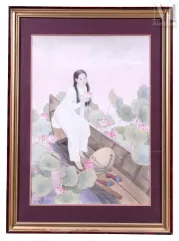 NGUYEN HOANG HOANH (né en 1937)-"Jeune femme aux lotus"-img1