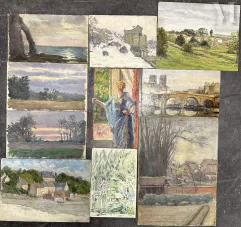 Ecole FRANCAISE du XXe siècle dont Edmond Marie PETITJEAN (1844-1925)-Paysages de campagne /Champs /  Bord de mer / Etang / Portrait féminin / Quai parisien-img1