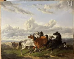 Ecole FRANCAISE de la fin du XIXe et du début du XXe siècle-Paysages / Barque à l'étang /  Jardin / Sous-bois / Singe / Chien / Chaton / Chevaux-img1