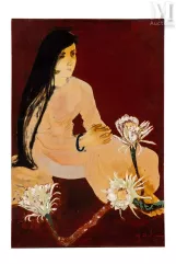NGUYEN SIEN (1916-2014)-"Jeune fille aux cactus-orchidées (Thiếu nữ bên hoa quỳnh)", 1982-img1