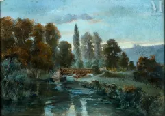 Ecole FRANÇAISE du XIXème siècle, Attribué à Henri Joseph HARPIGNIES (1819-1916)-Paysage impressionniste au pont-img1