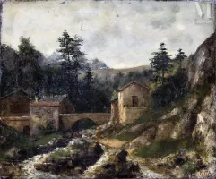 Cherubino PATA (1827-1899)-La rivière passant sous le pont - Paysage de Montagne-img1