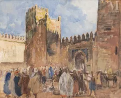 Henri PONTOY (Reims 1888 - Six-Fours-les-Plages 1968)-Marché devant des remparts d'une casbah, Sud Marocain-img1
