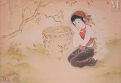 Ⓗ TRAN VAN THO (1917–2004)-"Jeune fille au panier de feuilles"-img1