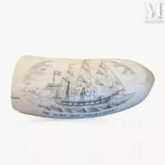 Scrimshaw, dent de cachalot  gravée et légendée - Fin du 19, début 20ème siècle-"The slave ship FREDENSBORG"-img1