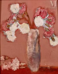 Vlad TIBERIU (né en 1958)-Bouquet de fleurs rouge et blanc sur fond rouge-img1