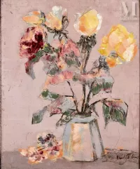 Vlad TIBERIU (né en 1958)-Bouquet de fleurs rouge et jaune dans un vase, sur fond rose-img1