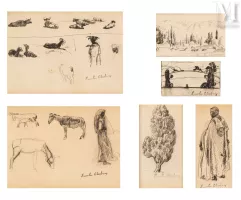 Emile AUBRY (Sétif 1880- Voutenay sur Cure 1964)-Etude d'âne et chèvre, paysages, personnages en costumes orientaux-img1