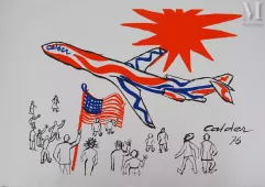 Alexander CALDER  (1898-1976)
 Lithographie-Flying Colors : Plane under Red Sun, 1976-img1
